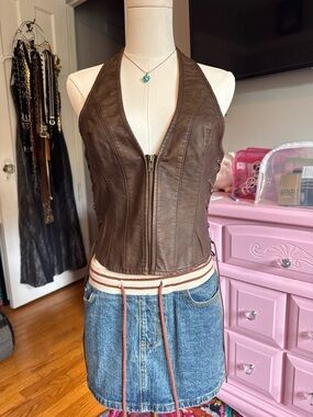 Women’s Brown Faux Leather Halter Vest Jacket